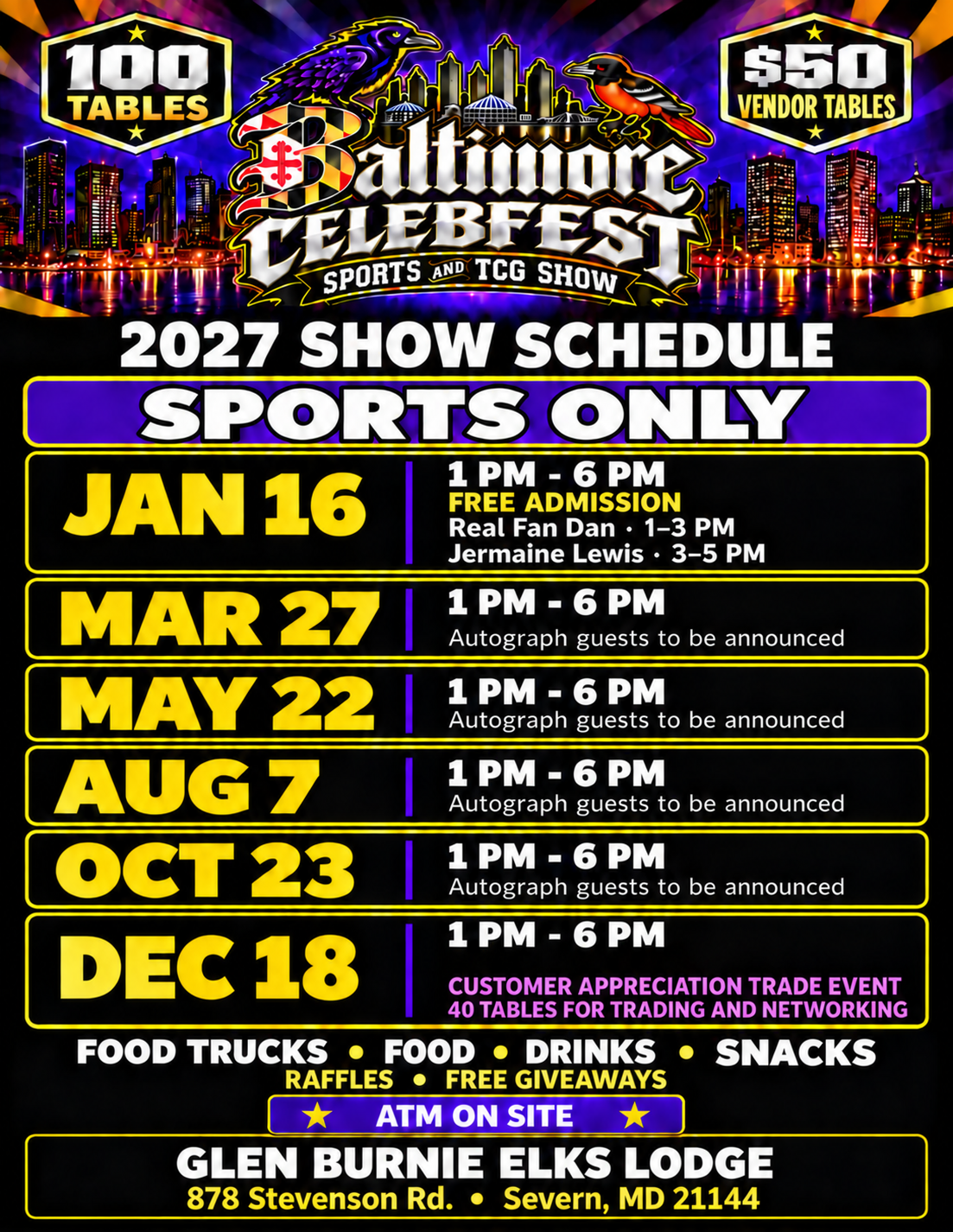 2027 Sports Only schedule: January 16 free admission, Real Fan Dan 1–3 PM, Jermaine Lewis 3–5 PM; March 27, May 22, August 7, October 23, December 18